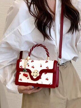 Cherry Print Small White Crossbody Bag Red Top Handle Handbag Gold Hardware